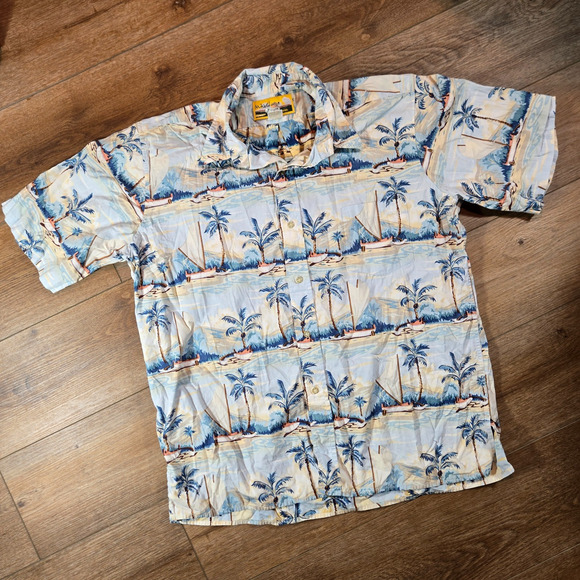 M Field Reyn Spooner Hawaiian Shirt Mens L Ocean Kayak Print Cotton Button Up - Picture 1 of 6